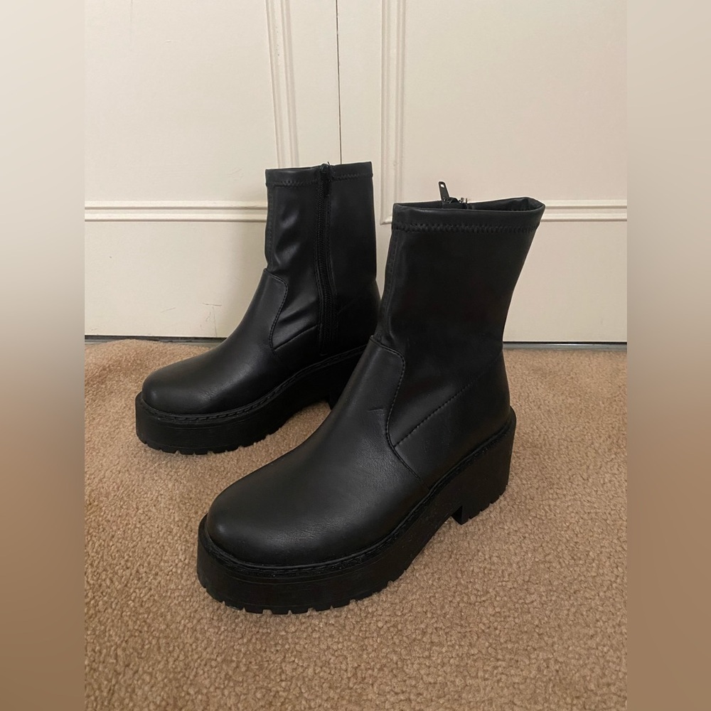 Shein faux leather closed toe below calf black boots